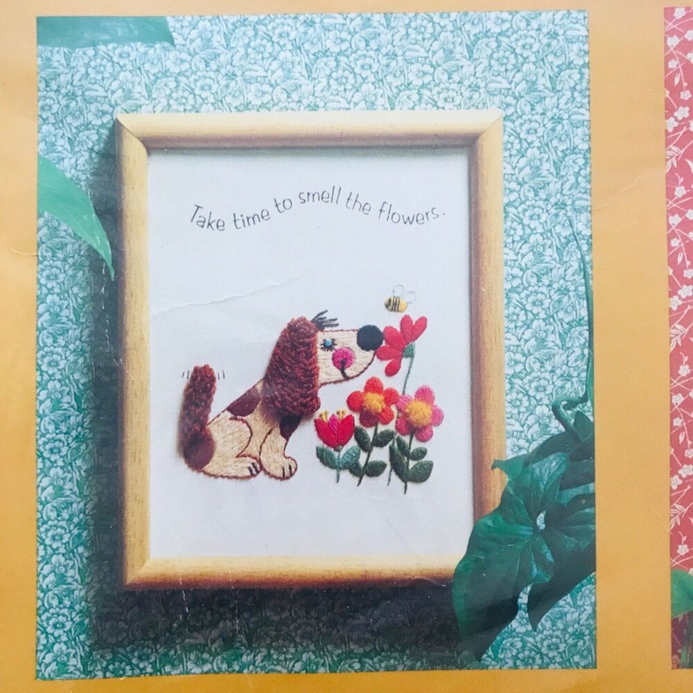 The Creative Circle Crewel Embroidery Kit #521 TAKE TIME Dog Sniffing Flowers